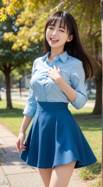 ((highest quality,8K,masterpiece:1.3)), Japanese, 24 year old female model, small breasts、bangs、black haired、long hair、straight hair、(Light blue dress shirt）,（flare skirt:1.2),Slim figure、small breasts、laughter、The background is an empty park、