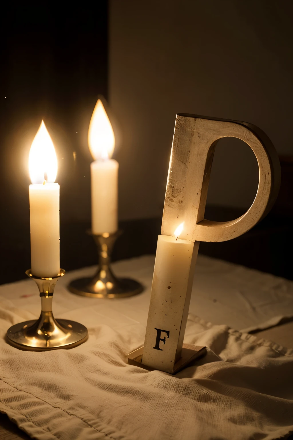 Detail an image of a candle to have the features and look like the letter "F"