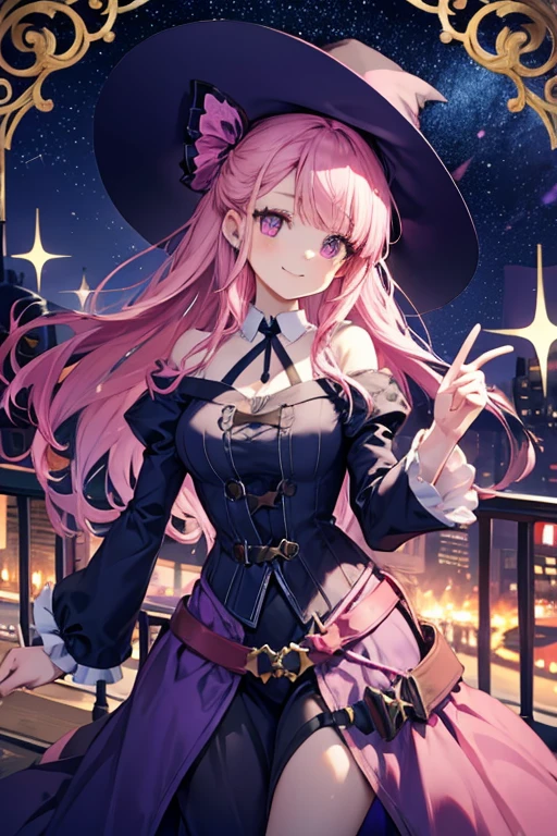 A pink haired female witch with violet eyes with an hourglass figure in a victorian style dress is smiling under the stars