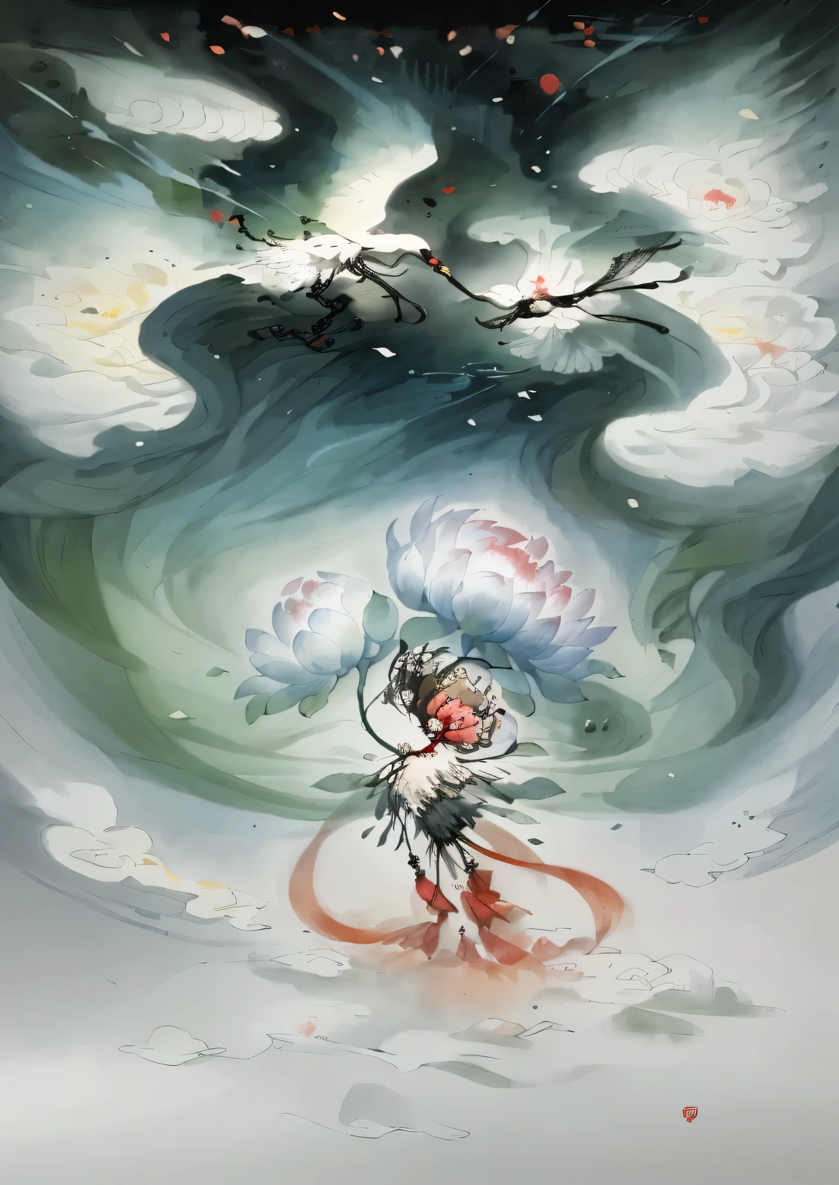 New Chinese style illustration,Beautiful peony flowers,Auspicious clouds as decoration,Exquisite details,illustration poster,torrent,meticulous painting