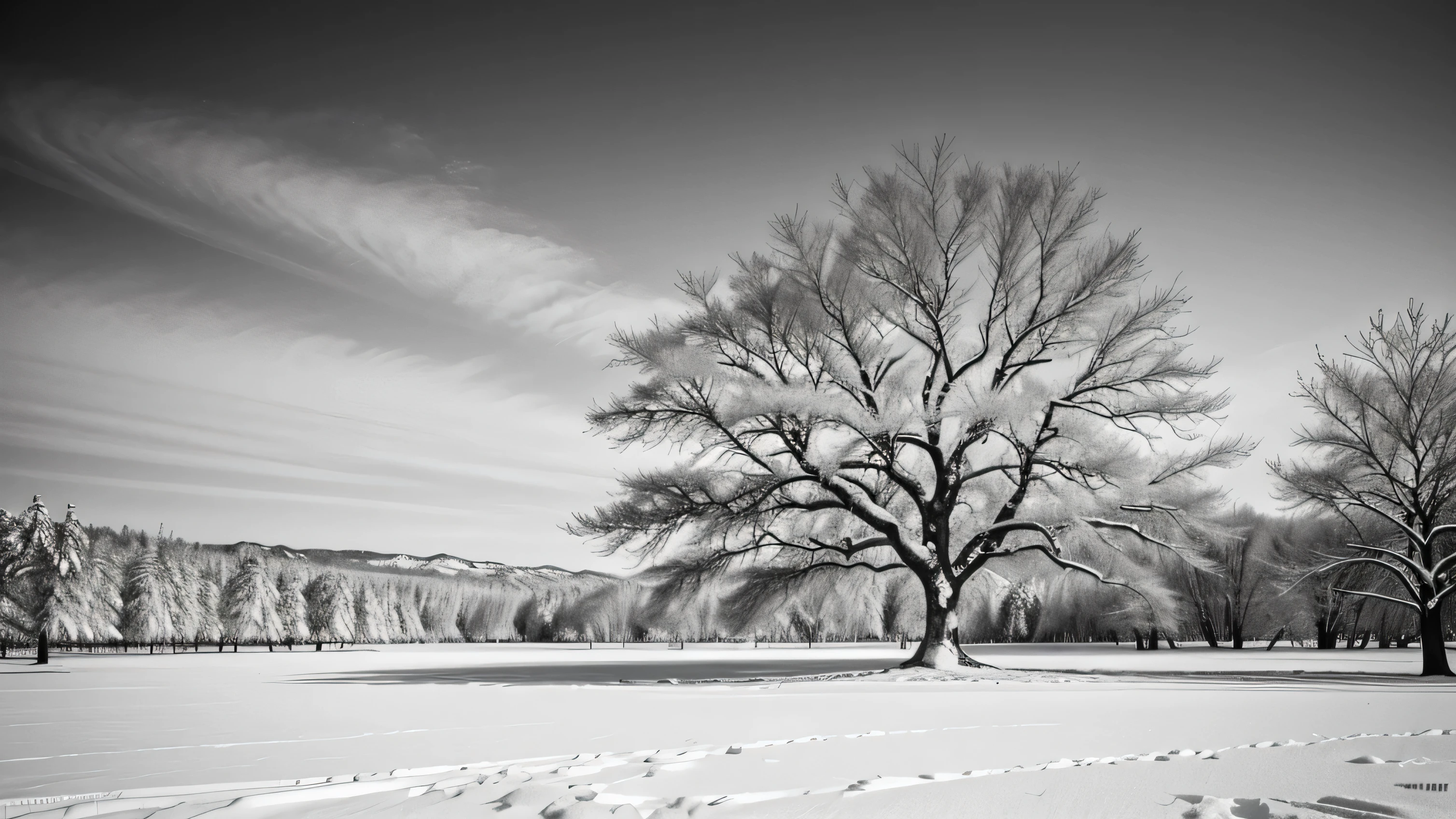 Minimalist photography,black and white photography,big scene,white snowfield,A thousand-year-old tree,Chris FrielStyle,Winning photo,best quality,reality,(photo reality:1.5),masterpiece,high resolution,8k