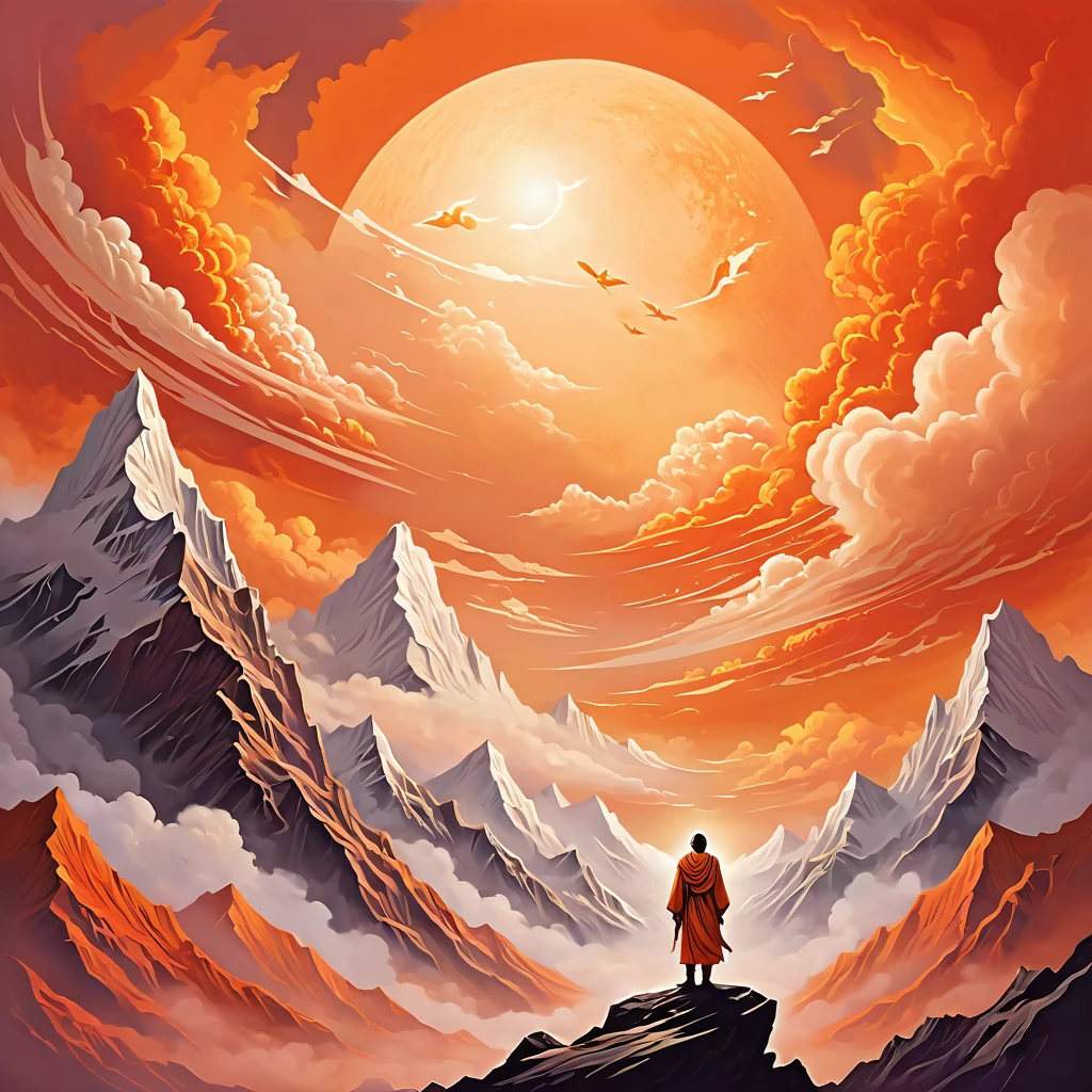 Angelic being without human affections, a creator being of the universe, mythology, In the background of the image, a scenario of heavenly mountains, orange clouds. The style of the image should be in comics, with strong and striking strokes, and mythological and angelic touches on the characters