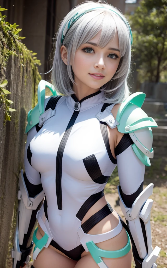 light smile, deva battle suit, outdoors, silver hair, bobhair, blue eyes, waistshot