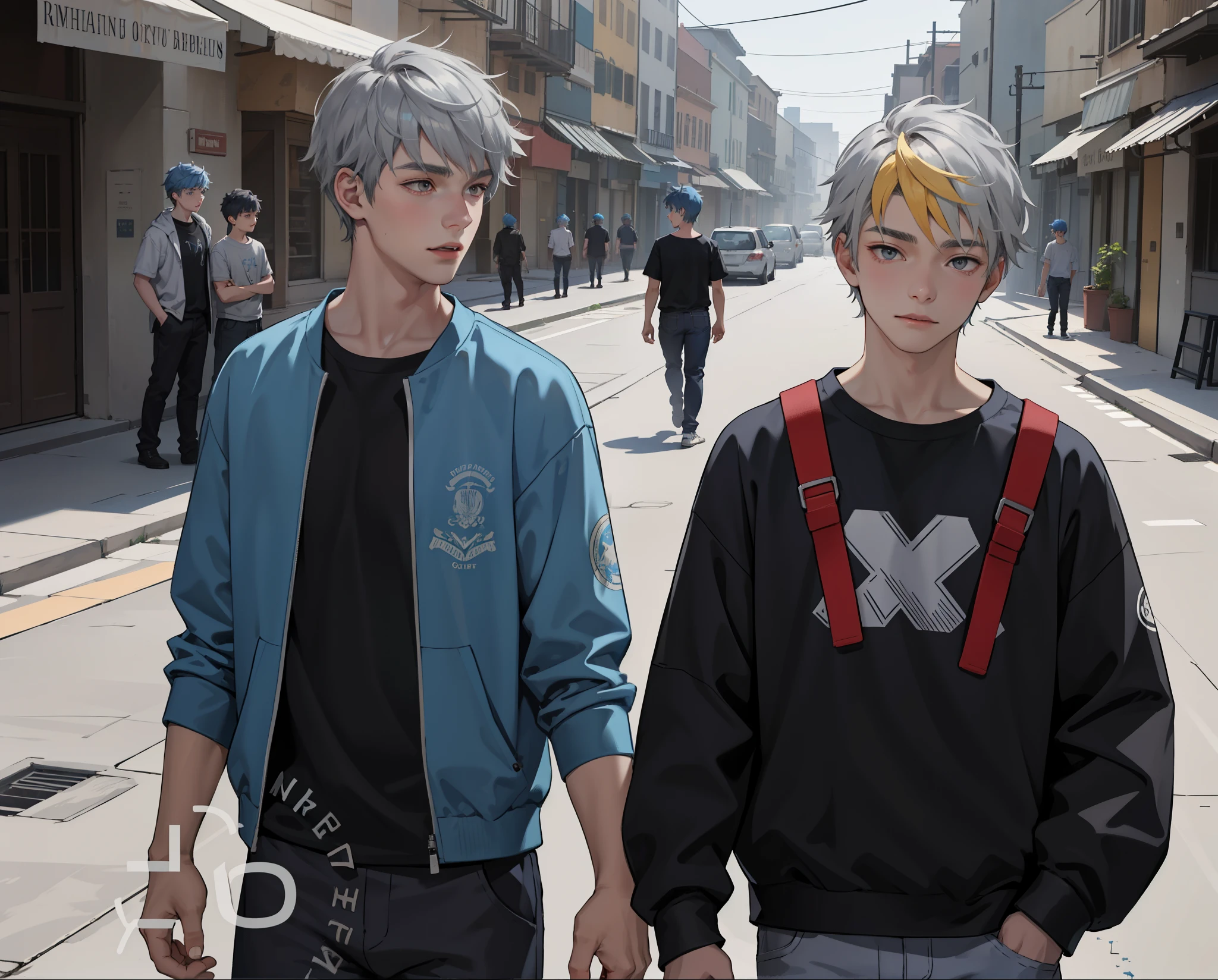 In the background is a silver city Two 15-year-old teenage friends with blue hair, With Latin skin and light gray hair on the outskirts of a large silver city they are talking about an important topic they are friends almost like brothers........