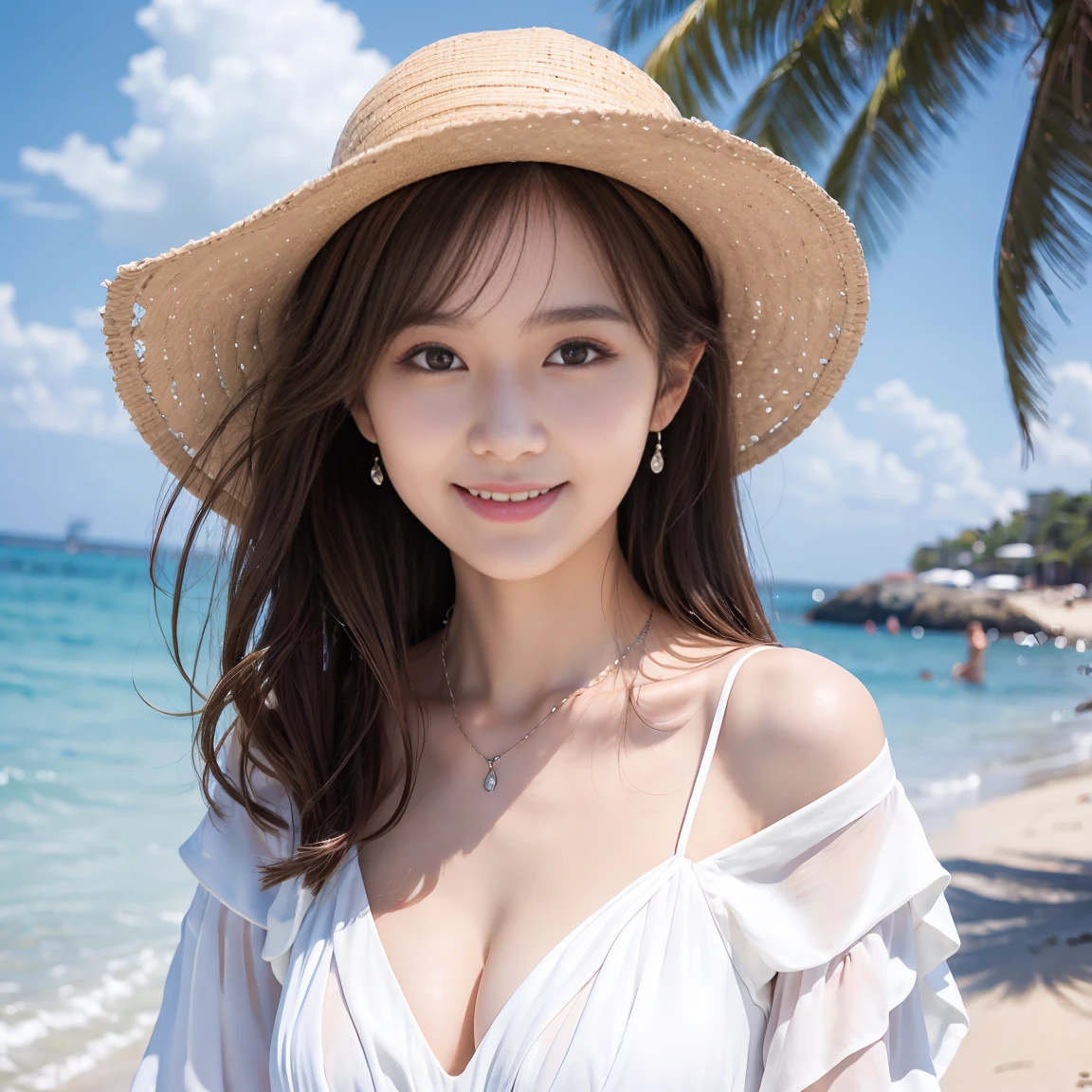 highest quality、8K、pretty girl、slightly slender girl、Spiteful eyes、white dress、Emphasize the chest、C cup breasts、smile、seaside、beach、necklace