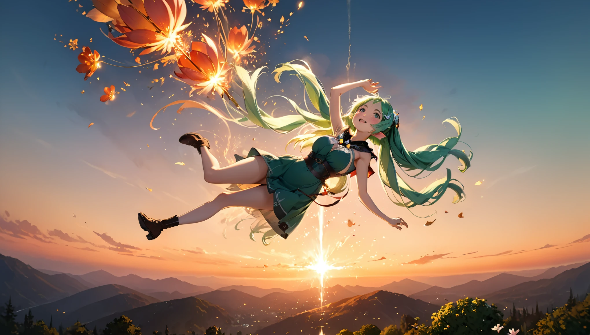 masterpiece, best quality, movie still, 1 elven girl, (Floating in the air), bright, happy, warm soft lighting, sunset, (sparks:0.7), look up from below , solo,  large breasts,  (whole body ) , blush, very long hair, bangs, light green hair, hair style is twin tails,hair ornament is flower, pointed ears