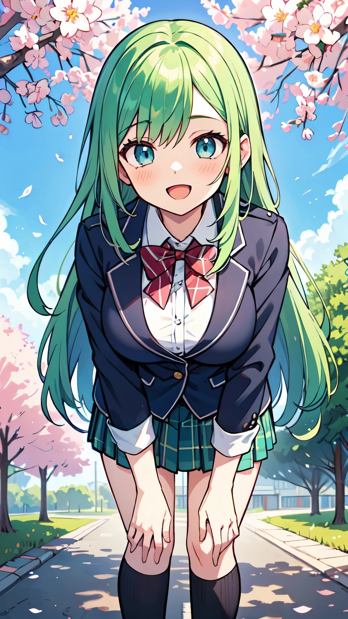 ((A Pretty High School girl with green hair and blue eyes)), ((wearing blazer uniform and plaid skirt)), Baby face, ((master piece, top-quality, ultra-definition, high resolution)), anime girl, ((ultra-detailed illust:1.2)), only one person, bangs, hair between eye, beautiful hair, Shiny eyes, Medium breasts, Big smile, opened mouth, cherry trees, schoolyard, (leaning forward)