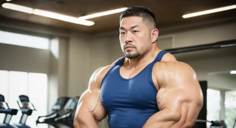 (tank top:1.4), (at gym:1.4), 40's, (Japanese face:1.4), (Korean face:1.4), (Chinese face:1.4), (Taiwanese face:1.4), manly face, fat face, (round face:1.4), (monolid eyes:1.2), (buzz cut:1.4), very large and strong body, bulky body, beefy muscles, (bulging muscles:1.4), (very large pectoral muscles:1.4), (muscular arms:1.4), muscular abs, muscular legs, muscular back, bright oily skin, (realistic:1.2), distant view