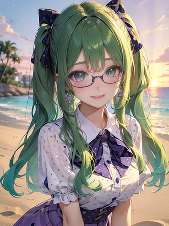 Glasses、小さなgirl、The arrival of autumn、big butt、 (alone:1.5,)Super detailed,bright colors, very beautiful detailed anime face and eyes, look straight, ;shiny_skin,girl, ((gradient hair, , Half white、Half green hair: 1.2)） 、forehead is exposed.、、shiny hair, delicate beautiful face, blush、(turquoise eyes), White skin, Valletta, mature earrings,、sandy beach、sunset、((ribbon、(check、Fashionable blouses、polka dots、purple skirt)))、twin tails、smile、happy face、face dyed red