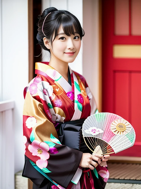 woman in kimono holding a fan and a fan in front of a red door, in kimono, in a kimono, yukata, wearing a kimono, wearing kimono, classy yukata, 色とりどりのyukataを着て, wearing royal kimono, kimono, japanese woman, traditional japanese, japanese model, Japanese style, elegant japanese woman、cute smile、19 year old female、The color of the fan is white、Cherry blossom park、kimonoの色は黒をベース、