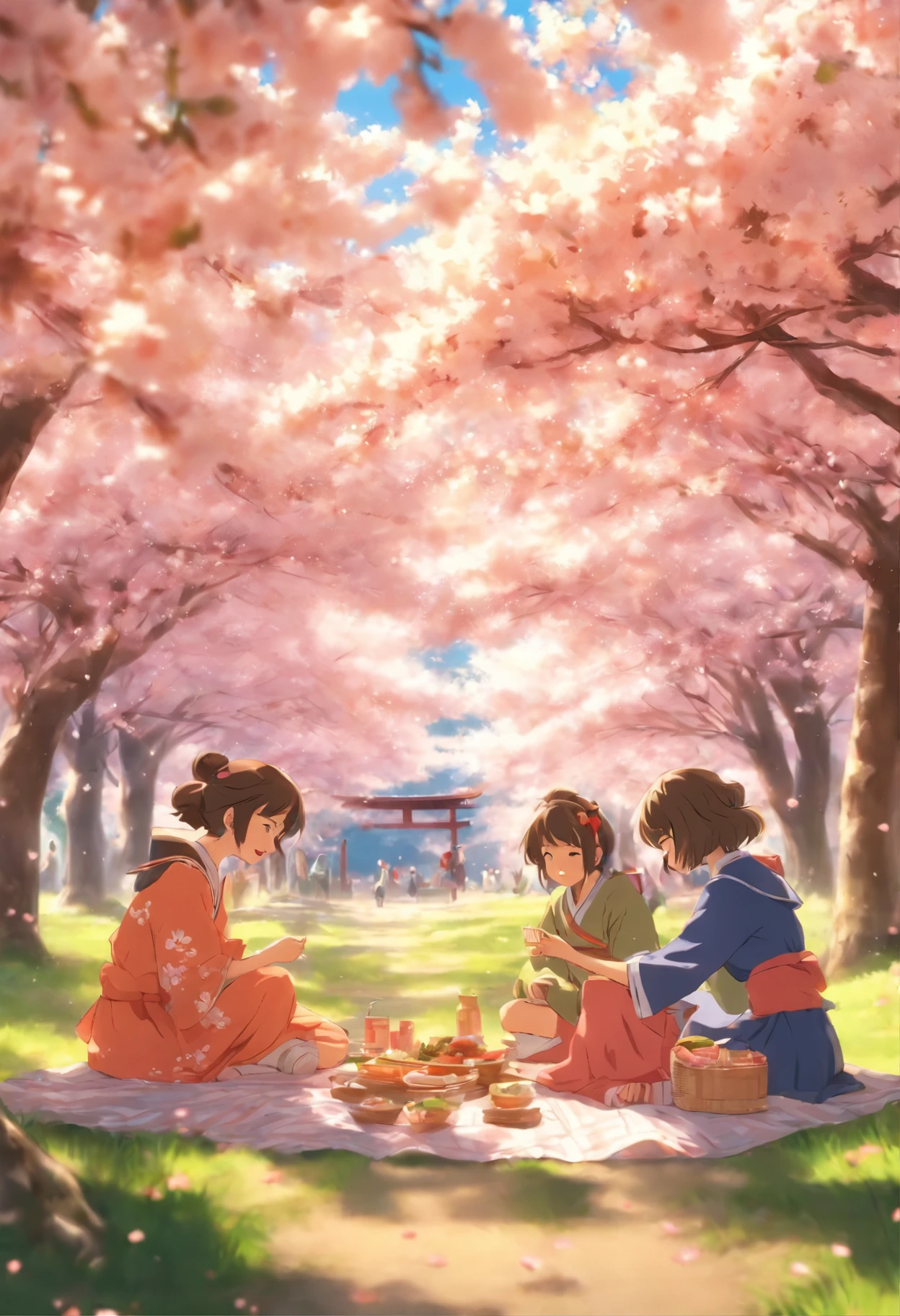 Cute anime girls enjoying a quiet picnic under the cherry blossom trees、heartwarming scene，A vivid reproduction of Kyoto Animation and Studio Ghibli、Realistic style presentation。