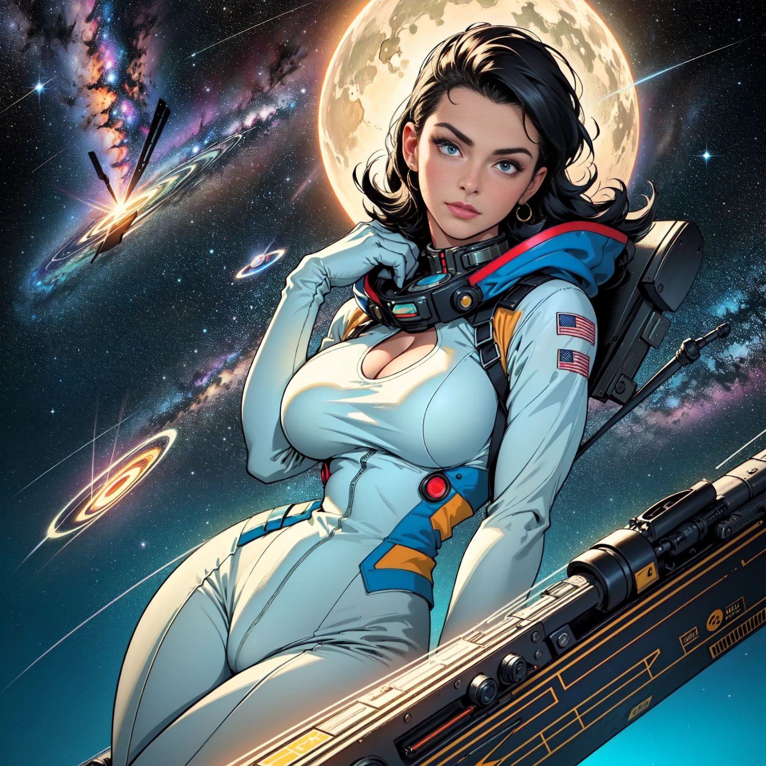 (((32k))),(((Highest quality))),(Perfect One Woman),60's,70's,80's,old movie posters,retro,vintage,bauhaus,abstract,Space Thriller Movie Poster,Futuristic,shape,OK,cosmos,galaxy,satellite,mechanical,Geometric pattern,meteor,meteorite,planet,very delicate,Space flyer OK,Milky Way,((big breasts)),(cleavage),rainbow,massive stream of light,flare,overlay,aurora,Starry sky,infinite possibilities,strongest,Highest,(perfect fingers),perfect gorgeous physical, beauty perfect limbs, very tight clothes detailing all body breasts and shaved pussy, cameltoe.