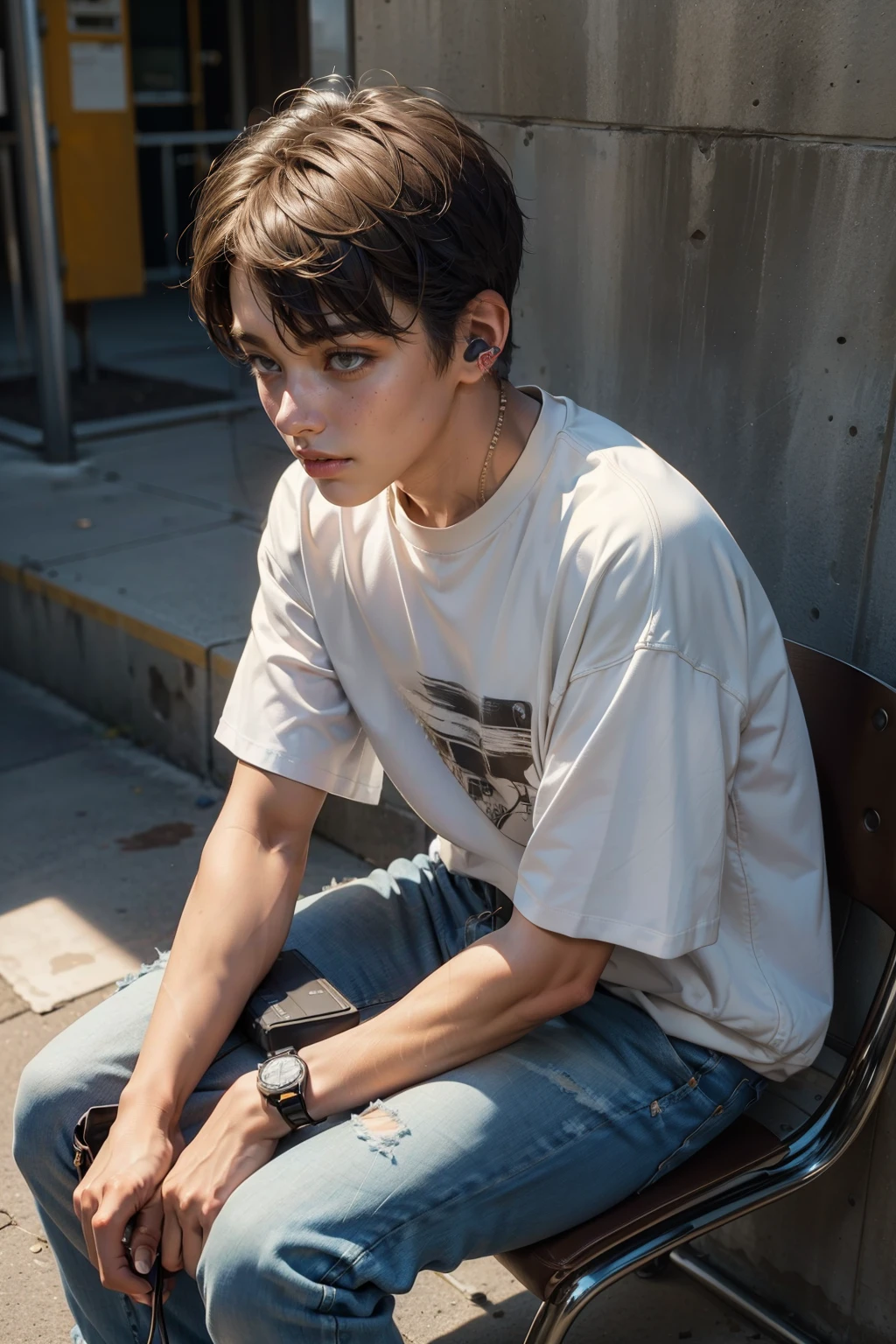 A young boy with headphones
(RAW: 1.0), (Realistic: 1.2), (Clarity: 1.3), (One boy), 10 years, ((Height: 1.5)), ((Normal weight: 1.0)) ((Earphones: oversized, covering both ears, wires attached, colorful design, reflecting light subtly))), ((Fine-grained texture: on skin, clothes, and accessories)), real pores, textured skin, (wearing casual clothes, A-line t-shirt, jeans, sneakers), (dynamic pose, sitting on a chair, leaning against a wall, lost in thought),  expressions