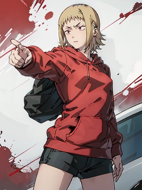 Akane Sawatari\((small breasts)) \high quality\red hoodie\shorts\cyber punk\sword\arms\are fighting