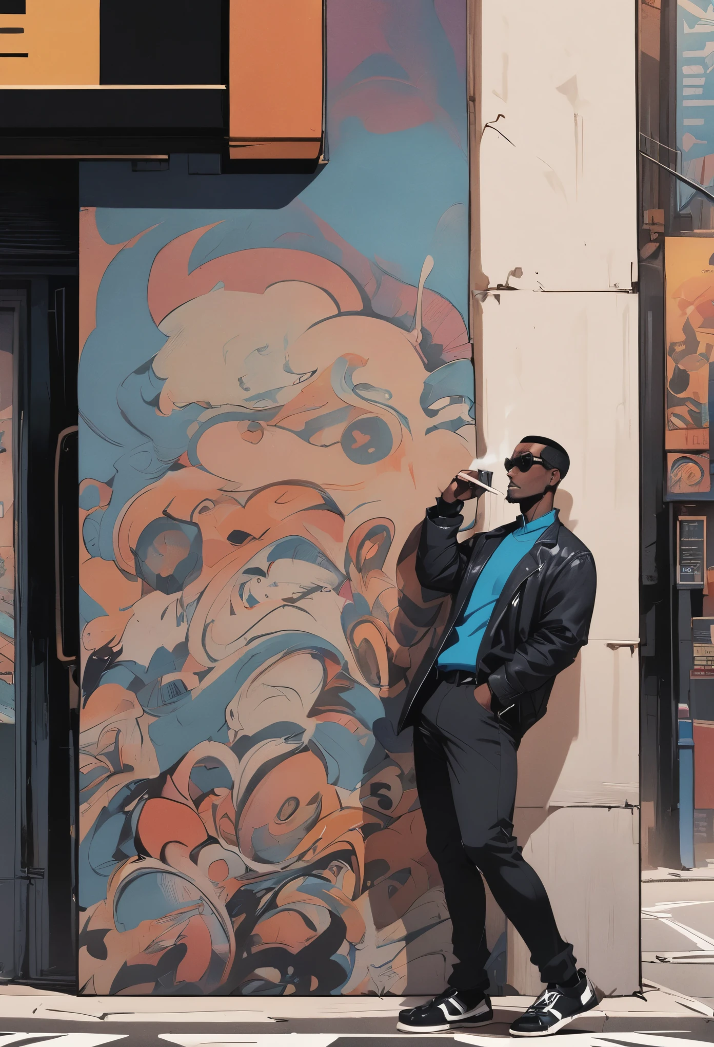 Stylish black man leaning against the wall，Standing on the street in New York smoking，American comics，Semi-thick painting