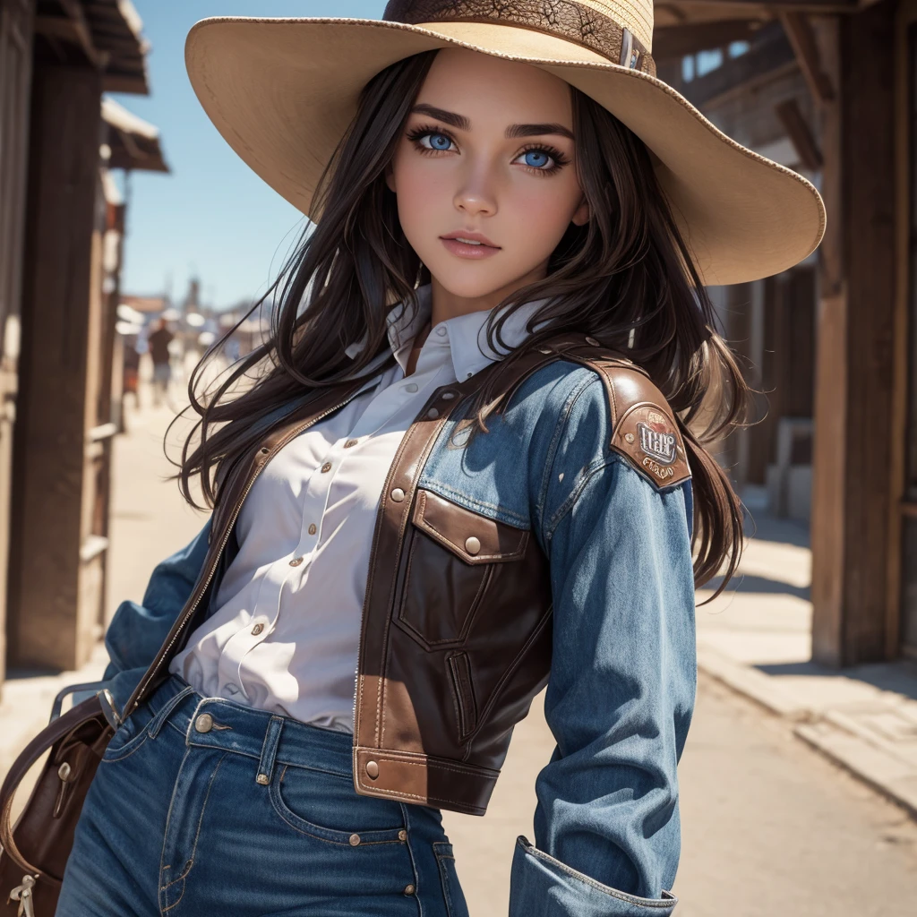4k ultra hd, Master Meese, best quality, fille avec, beau visage, detailed eyes, Detailed lips, cheveux longs, cheveux raides, Porter un costume de cow-boy, ventre nu, veste de cuir, chapeau de cowboy, blurred background, matin, Capture de tout le corps,