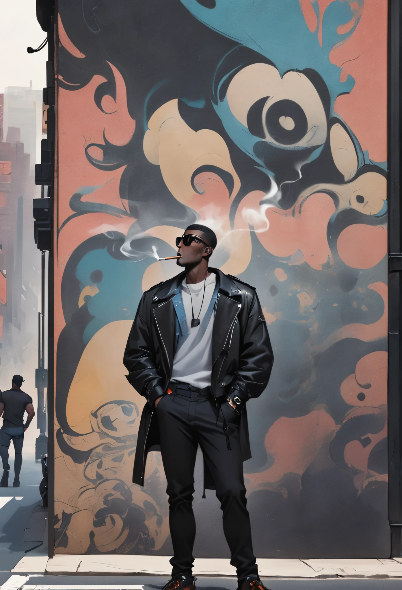 Stylish black man leaning against the wall，Standing on the street in New York smoking，American comics，Semi-thick painting