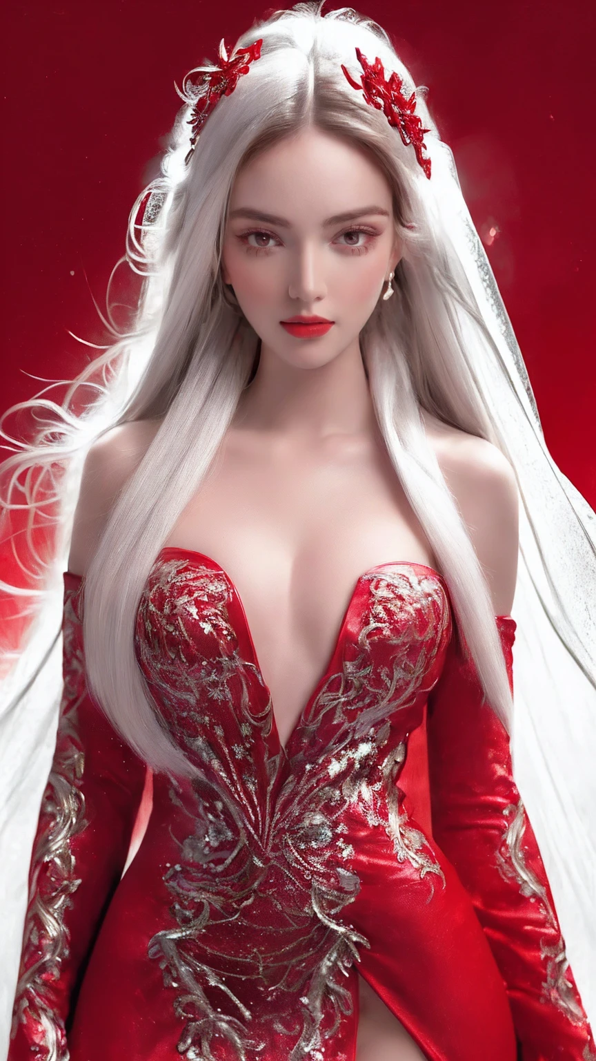 (masterpiece, best quality, Super detailed:1.2), 1 girl, Perfect Curve, (g0ld3mb, Kaneko:1.1), (sparkling galaxy dress:1.1), white long straight hair, tie hair, Wrapped in white silk, (red background:1.2), Elf ears,Wear a bandeau，medium chest