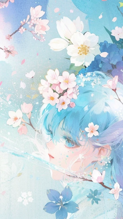 There is a photo of flowers on a blue and pink background, Pastel Floral Background, flowing cherry-colored silk, Flowing cherry blossom silk, Written by Eizan Kikukawa, background pastel, flowers bloom, sakura bloomimg, Pastel petals flying, anime background, flower wallpaper, Beast, season!! : 🌸 ☀ 🍂 ❄, Cherry Blossom