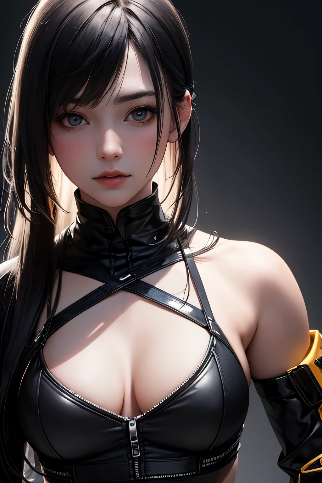 最high quality, masterpiece, High resolution, 1 girl, front, perfect face, Bust photograph, Black Tech Outerwear, Clothing without labels, Clothes without text, Technology Sense, cyber punk, realistic, edge lighting, two color lighting, (high detail skin: 1.2), 8k uh, Digital single-lens reflex camera, soft light, high quality, volume light, photograph, High resolution, 4k, 8K, background blur,