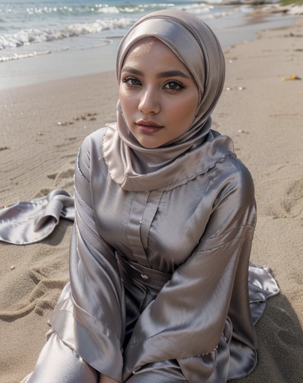 3DMM, ((Masterpiece, best quality, photography, detailed skin, realistic, photo-realistic, 8k, highly detailed, full length frame, High detail RAW color art, diffused soft lighting, shallow depth of field, sharp focus, hyperrealism, cinematic lighting, hijab, a woman in a beautifully makeup, eyeshadow, beautiful big eyes, long eye lashes, wearing (Gray satin hijab), loosely tide hijab style, ((Taupe satin kaftan)), sitting on the sand, beach