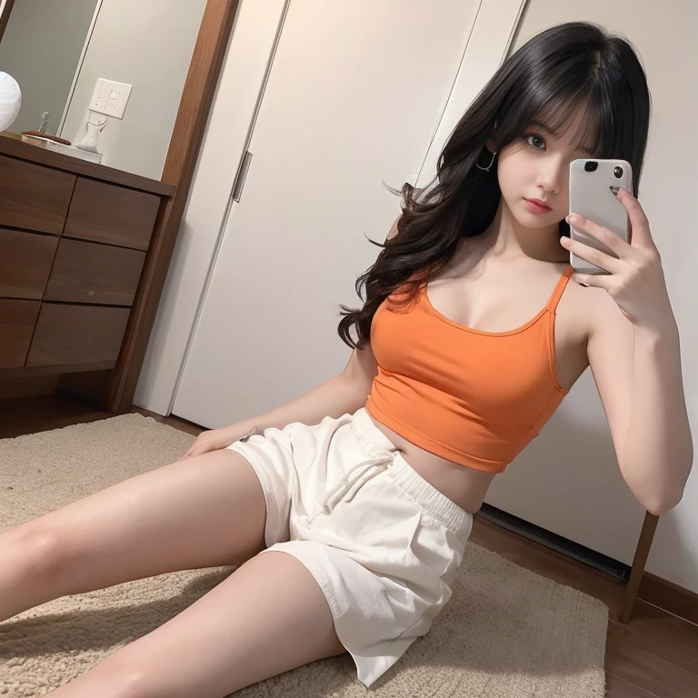 debris flies、highest quality、super fine、Understood、High resolution、8k wallpaper、perfect dynamic composition、(((Full body Esbian)))、((from below))、20 year old cute girl、detailed beautiful face、delicate and cute eyes、fine-textured skin、My cheeks turned red、(wavy black hair)、thin legs、Please generate at the eaves、Take a selfie with your phone、room、Wearing an orange tank top、white background、Wearing cotton shorts、I can see your pants、panty shot、The exact shape of the areola、transparent areola、The nipples are transparent、Taking a selfie with your smartphone in front of a mirror