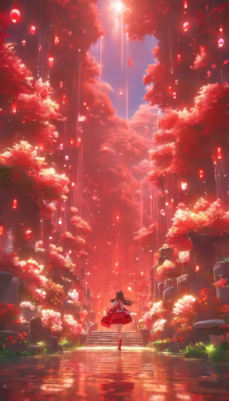 (highest quality, 32K resolution, High resolution, Super detailed, realistic,Finely drawn details), Unreal 5 Engine, tokyo illumination, Romantic motifs, Rosa making portal, majestic background, Flower Environment, beautiful scenery, flower bed on the floor, Wallpaper aesthetics, E-commerce live room background,ultra-realistic rendering, exquisite composition, Breathtaking wallpapers, stunning visuals, 風景Wallpaper aesthetics, red background, Red reflection, C4D rendering, top quality, Raw photo"