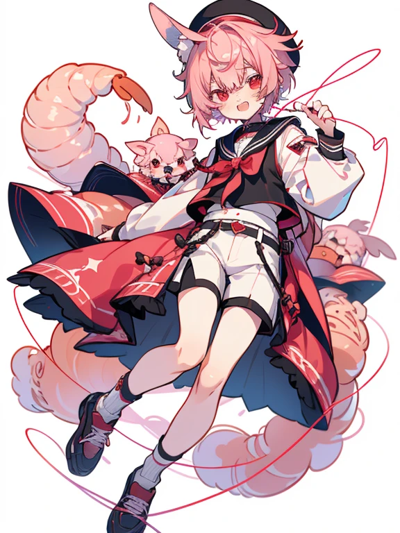 1男1男Shota (masterpiece、最high quality、high quality)、boyが2人 若いboy'whole body、Two 、boy1人目(Lightly pigmented hair 、red eyes、shortcut、pink shorts、Long sleeve sailor、garter belt、Pink string ribbon、Beret with rabbit ears、double teeth 、low length、Shota)、boy2人目(Vermilion hair color、odd eye(green and red)、headdress、White underwear pants、フリルの襟 shortcut、white loose socks、sneakers、Shrimp Bag、Shota、boy) whole body キャラクターデザイン 仲良し、to close range