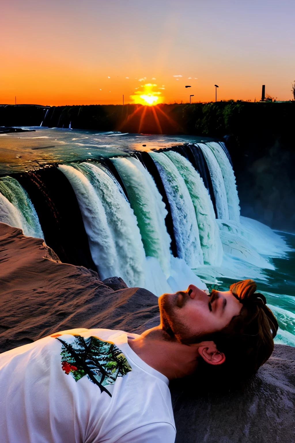 Hippie guy wearing a floral button down t shirt meditating at the top of Niagra falls sized waterfall overlooking the land and a beautiful sunset with bight colors iin the sky. Make it a horizontal image. With no man made objects around. 
