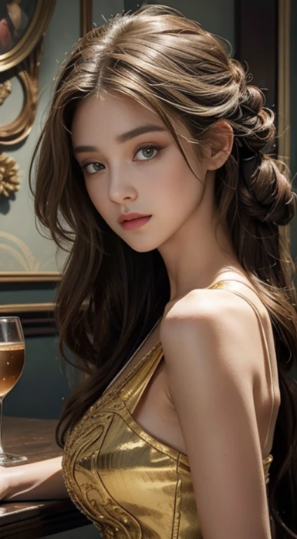 (highest quality:1.2), 4k, 8k, High resolution, masterpiece: A superbly detailed, realistic portrait of an 18-year-old aristocratic girl's upper body, showcasing her exquisite features and clear, shining eyes. The intricacies of her long, curly hair are beautifully captured, with each strand expressing its own unique texture. She maintains a relaxed and natural posture, yet her elegant pose perfectly exemplifies the golden ratio of head and body. drinking a glass of martini in a club with her hair tied up in a pony tail, the portrait boasts expressive brush strokes that add a mysterious and artistic interpretation to the subject. Delicately coiled locks