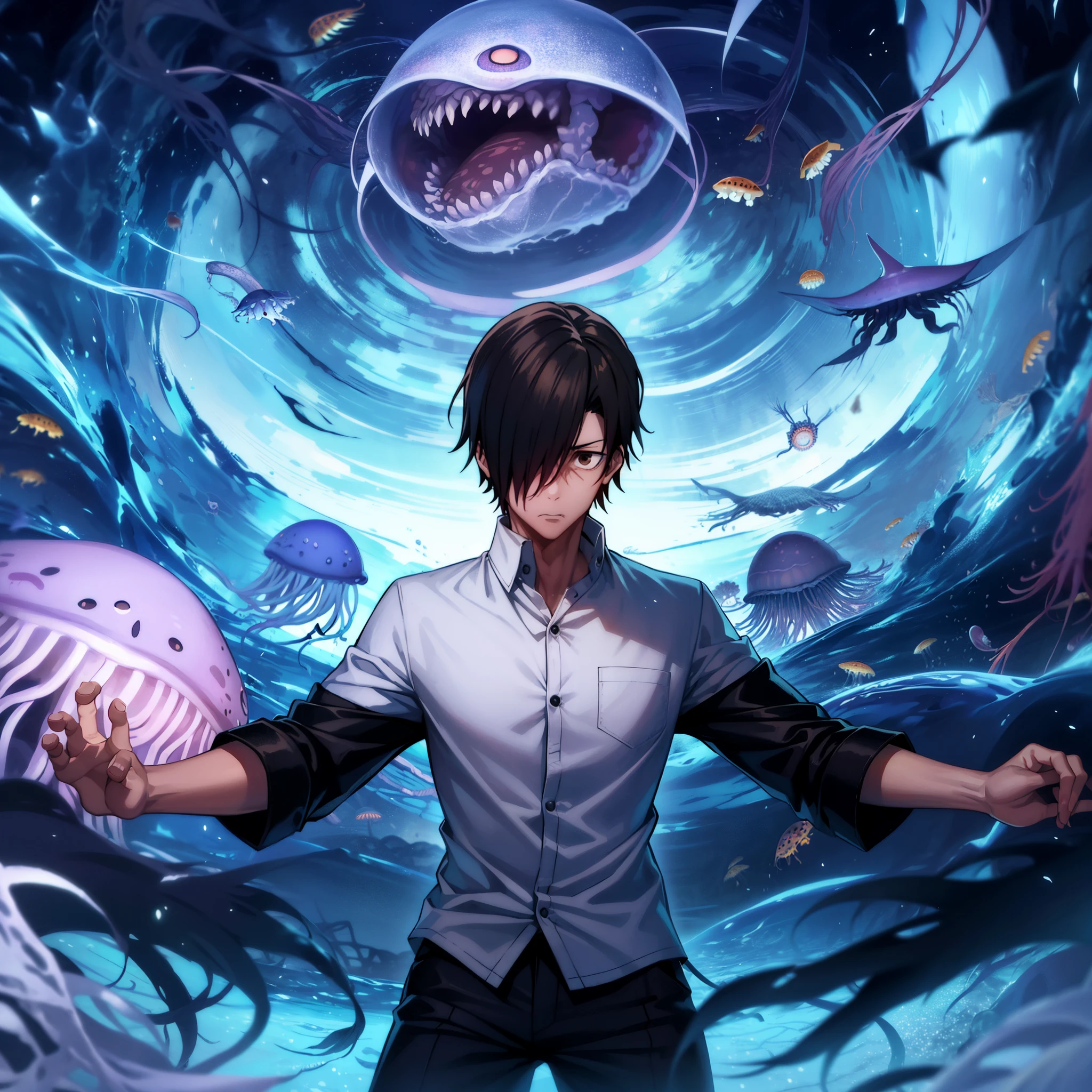 Jujutsu kaisen style, junpei_yoshino, (1boy, solo), (full body, standing in the school gymnasium, open stance), school white shirts, (angry expression:1.1), looking at viewer, (huge jellyfish monster floating above his head:1.3)