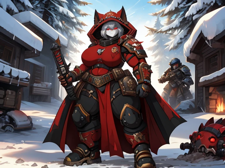 furry female cat with in black and scarlet armor,a half dressed space marine in a hood and a closed helmet, + scarlet eyes with gray hair, plump + with an army of space marine soldiers + space, rides a tank in a snowy forest, + fog + anime, huge muscled furry, в силовой броне sister of battle, warhammer 40k, aesthetics of the female body, Full-length front view.