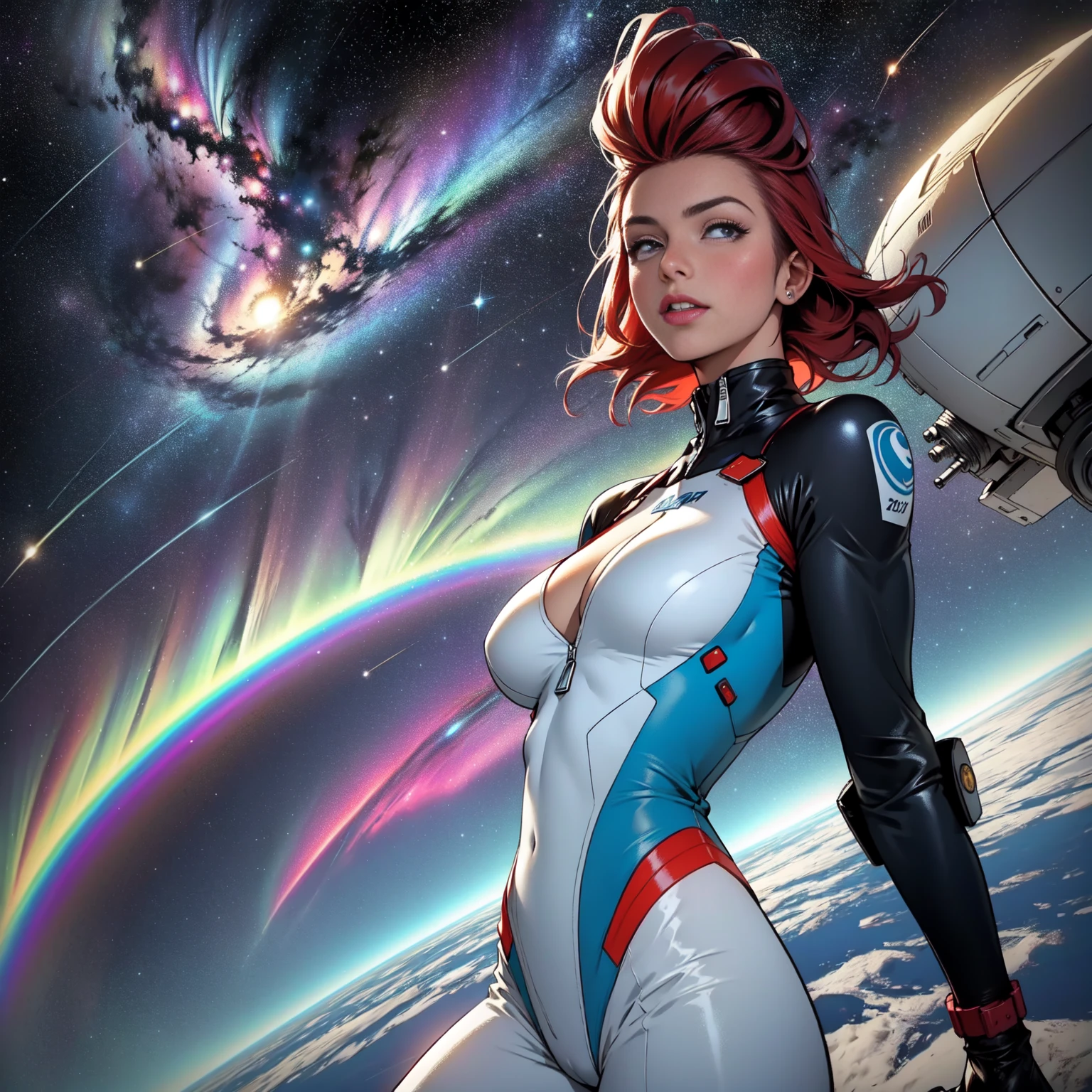 (((32k))),(((Highest quality))),(Perfect One Woman),60's,70's,80's,old movie posters,retro,vintage,bauhaus,abstract,Space Thriller Movie Poster,Futuristic,shape,OK,cosmos,galaxy,satellite,mechanical,Geometric pattern,meteor,meteorite,planet,very delicate,Space flyer OK,Milky Way,((big breasts)),(cleavage),rainbow,massive stream of light,flare,overlay,aurora,Starry sky,infinite possibilities,strongest,Highest,(perfect fingers),perfect gorgeous physical, beauty perfect limbs, very tight clothes detailing all body breasts and shaved pussy, cameltoe, red hair.