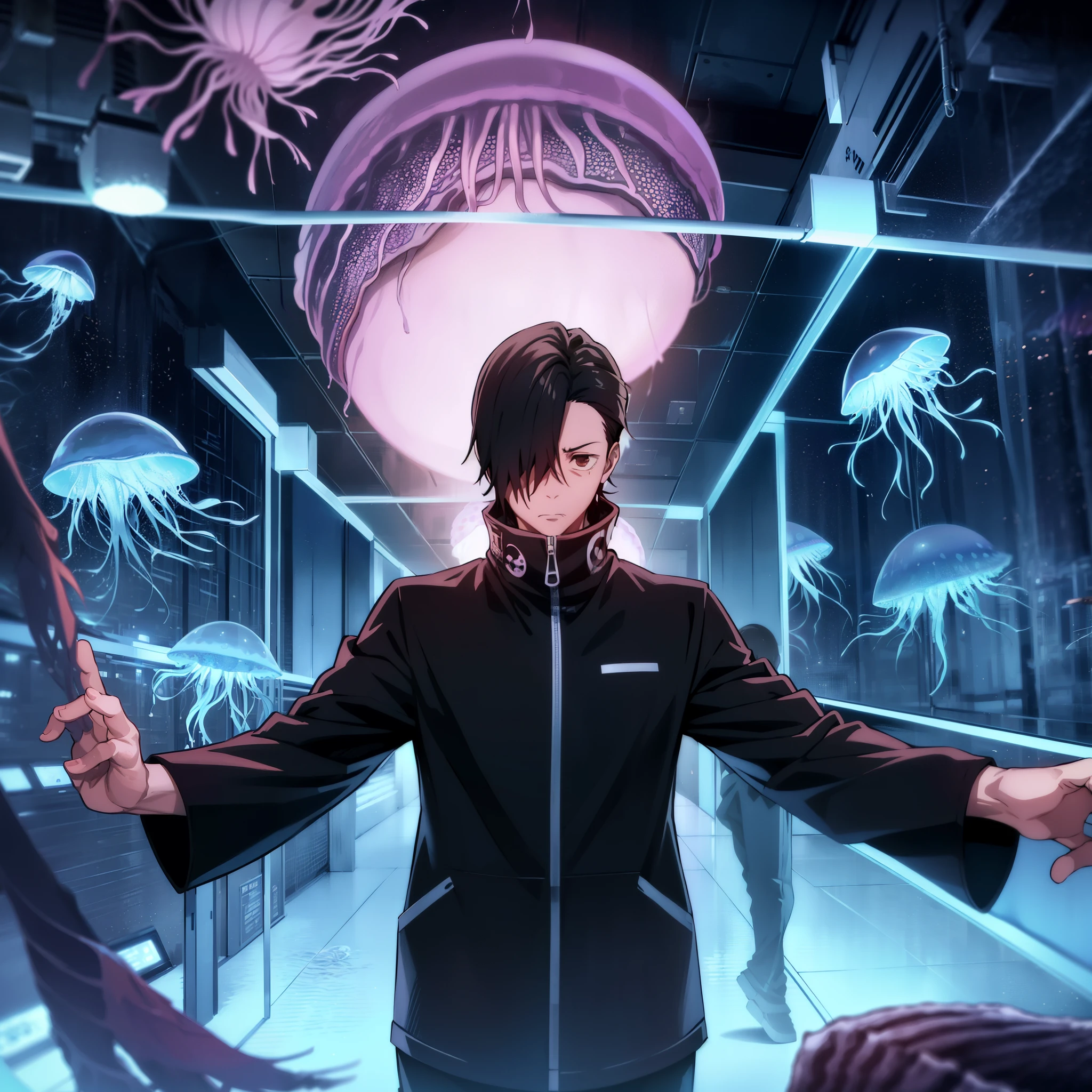 Jujutsu kaisen style, junpei_yoshino, (1boy, solo), (full body, standing in the school gymnasium, open stance), school white shirts, (angry expression:1.1), looking at viewer, (huge jellyfish monster floating above his head:1.3)