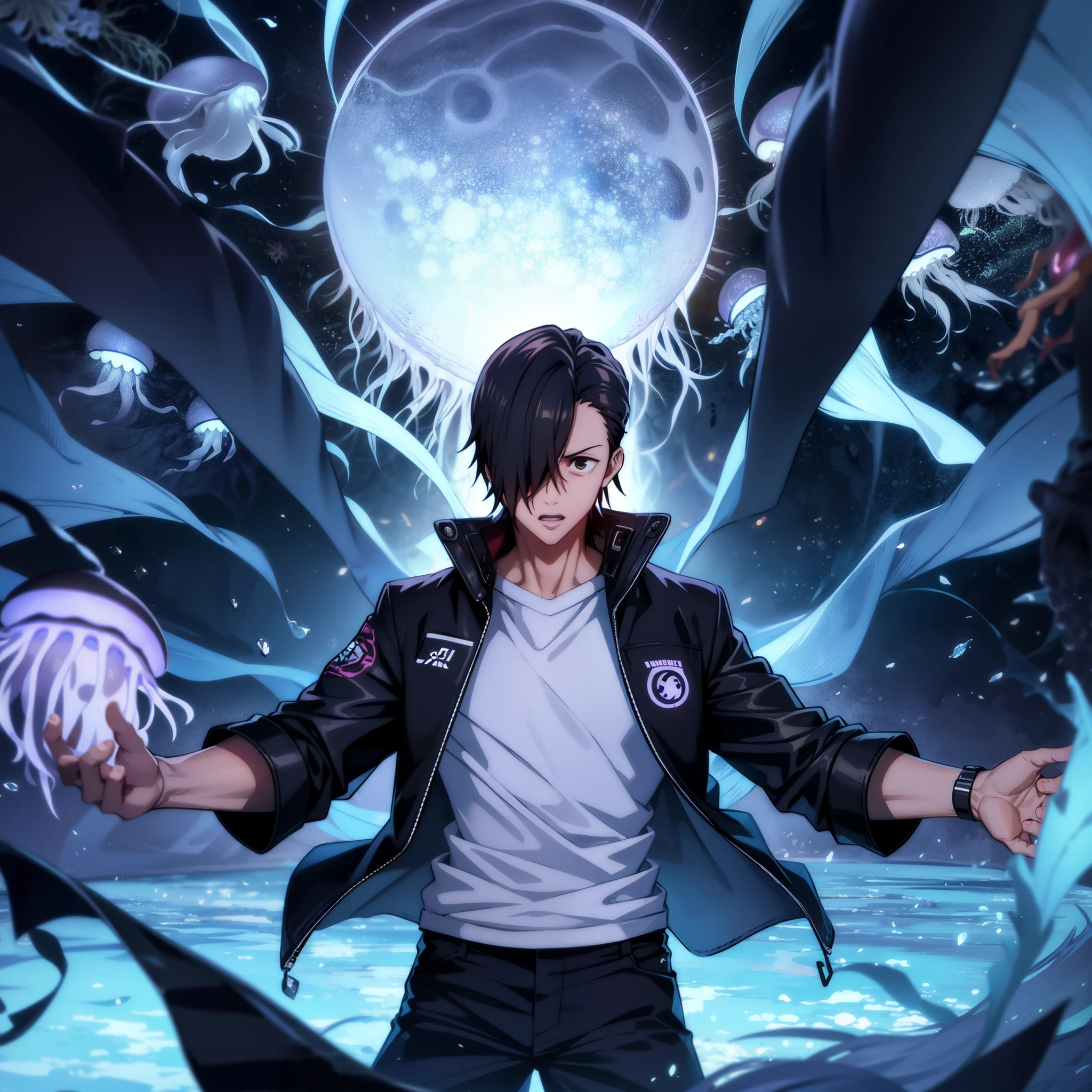 Jujutsu kaisen style, junpei_yoshino, (1boy, solo), (full body, standing in the school gymnasium, open stance), school white shirts, (angry expression:1.1), looking at viewer, (huge jellyfish monster floating above his head:1.3)