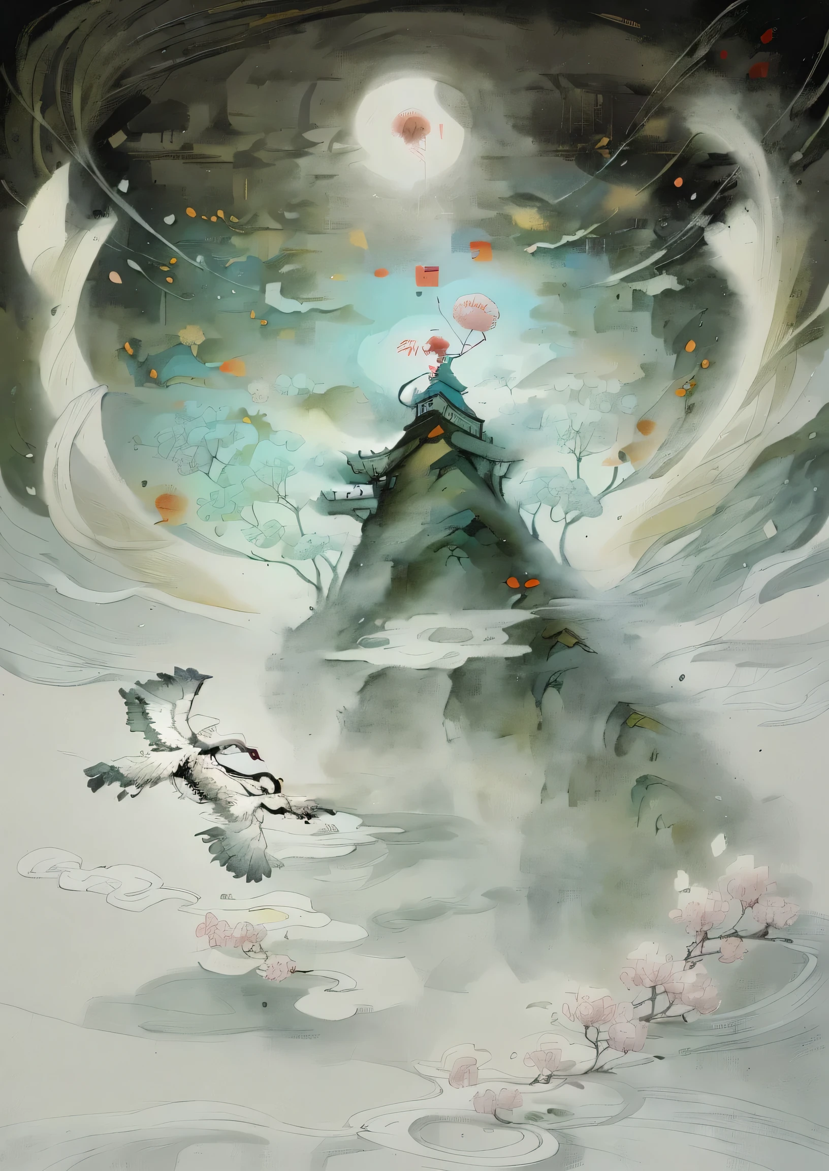 New Chinese style illustration,Beautiful peony flowers,Crane,Auspicious clouds as decoration,Exquisite details,illustration poster,torrent,meticulous painting,China red