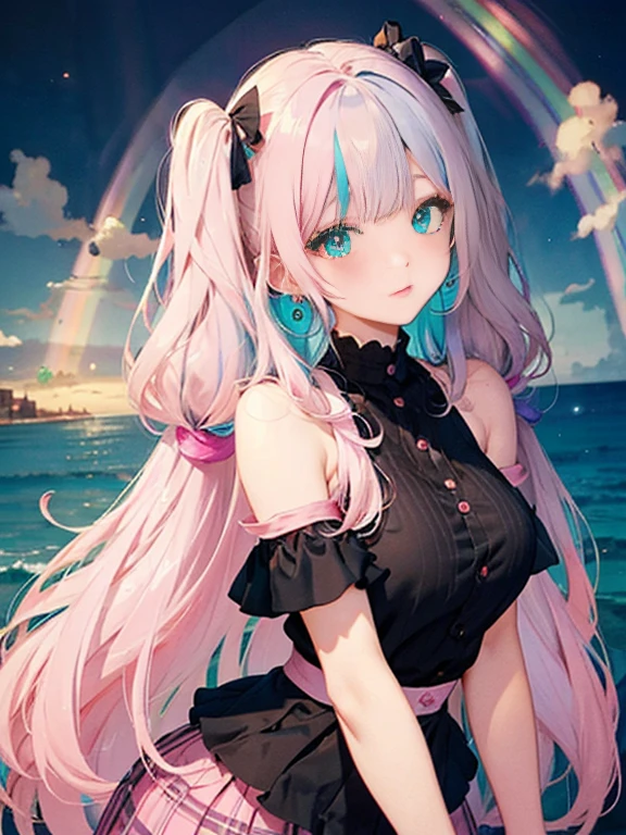 sandy beach、Asahi、thick thighs、big butt、 (alone:1.5,)Super detailed,bright colors, very beautiful detailed anime face and eyes, look straight, shiny_skin,girl, (((rainbow colored hair, colorful hair, Half black、half pink hair: 1.2))) 、forehead is exposed、shiny hair, delicate beautiful face, blush、(turquoise eyes), White skin, Valletta, earrings、、checked skirt、twin tails