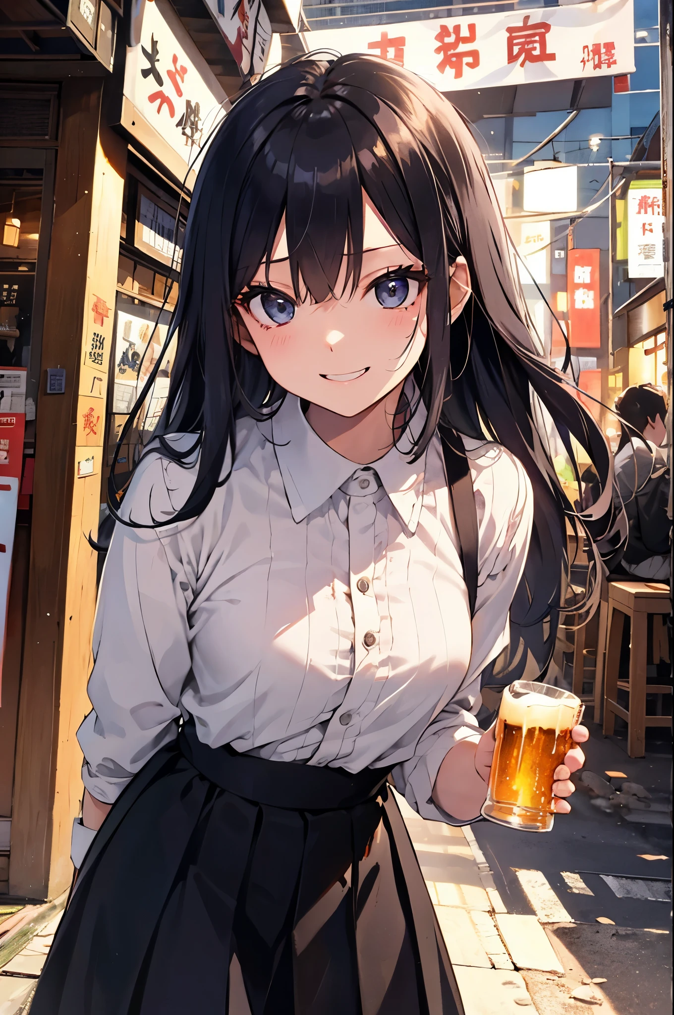 (Pretty sister:1.3)、long eyelashes、happy face,spring atmosphere、evening、aggressive、hot、((strong wind))、black skirt、shining eyes、Y-shirt、Izakaya、Beer in the right hand、drunk、red cheeks