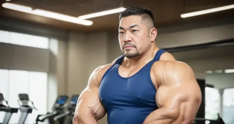 (tank top:1.4), (at gym:1.4), 40's, (Japanese face:1.4), (Korean face:1.4), (Chinese face:1.4), (Taiwanese face:1.4), manly face, fat face, (round face:1.4), (monolid eyes:1.2), (buzz cut:1.4), very large and strong body, bulky body, beefy muscles, (bulging muscles:1.4), (very large pectoral muscles:1.4), (muscular arms:1.4), muscular abs, muscular legs, muscular back, bright oily skin, (realistic:1.2), distant view