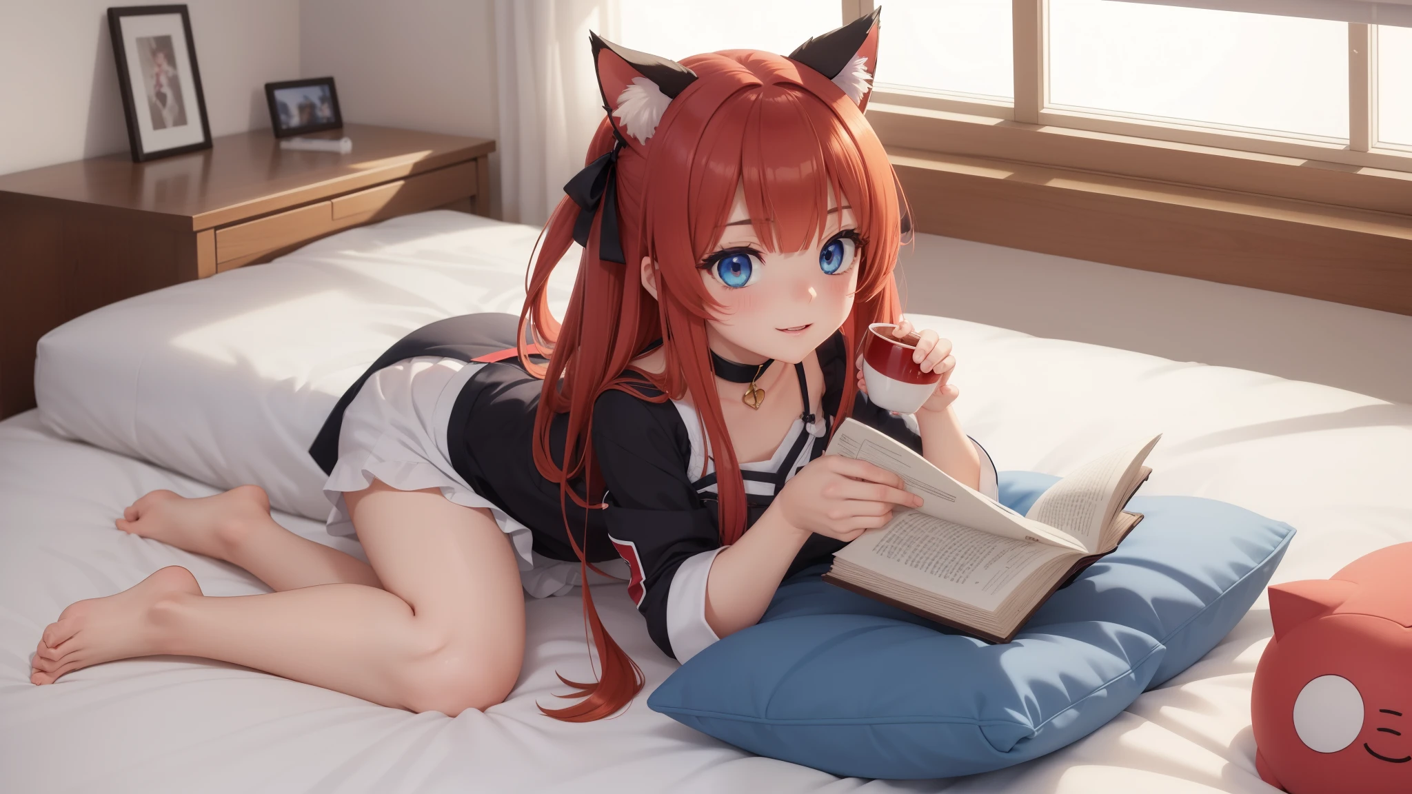 可愛いanime girl,reading a book,blue eyes, perfect face, detailed face, perfect body, beautiful eyes, beautiful face, (bright skin: 1.4), Idol, (full body), red t-shirt, transparent,Room wear,fun,stuffed toy,Drink milk,anime girl, one girl,small details, 4k, 8K, 12k,beautiful girl, white woman, , Cat ear, luxury room,Tenjiku bed,red hair,(((highest quality))),((緻密でbeautiful eyes)),(eyelash),smile,anime girl, azur lane style, From the Azur Lane video game, Trending on Art Station Pixiv, very beautiful anime cat girl, Cat earのanime girl, splash art anime , It&#39;s trending on pixiv, anime moe art style