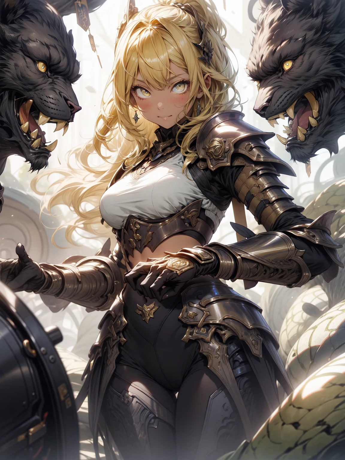 be realistic,(masterpiece,highest quality,highest quality,very detailed,fractal art,most detailed,(the background is abstract:1.5)(1 girl),Kamimei,(yellow hair ponytail),(Yellow eyes shine、breasts get bigger,stunned),abyss stick、crystallization,、sexy、machine armor、tanned skin、luxury decorationの付いたドレス、luxury decoration、luxury decorationのアーマースカート