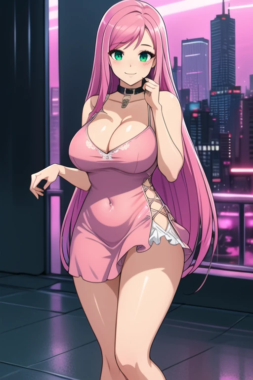 1 girl, 19 years old, Long pink hair, green eyes with slit pupils, master-piece, best quality, (standing up), (pink dress), (tight short pink dress, pink heels, cleavage), (Big , ultra gigantic , Super super big, Glamorous body), Make eye contact with the camera, front figure, looking forward, (light_Smile:1.5), (Detailed hands and fingers:1.2) (Cyberpunk City), (FULL BODYSHOT), thighs thighs thighs thighs、beauty legs、