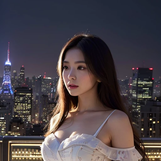 (((full medium shot))), (Masterpiece, photorealistic, photorealism, best quality, ultra-detailed:1.3), (nice hands, perfect hands), official art, cinematic light, (1girl:1.3), adult, a photograph of a double exposure of a woman standing in front of a city skyline, her silhouette filled with the intricate details of botanical illustrations. The flowers matched her dress, transforming her into a powerful nature goddess with the concrete jungle at her command.