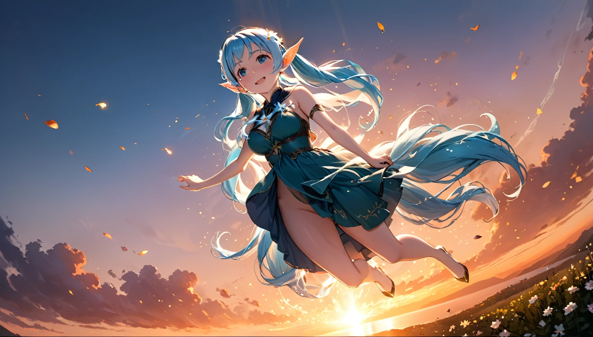 masterpiece, best quality, movie still, 1 elven girl, (Floating in the air), bright, happy, warm soft lighting, sunset, (sparks:0.7), look up from below , solo,  large breasts,  (whole body ) , blush, very long hair, bangs, light blue hair, hair style is twin tails,hair ornament is flower, pointed ears