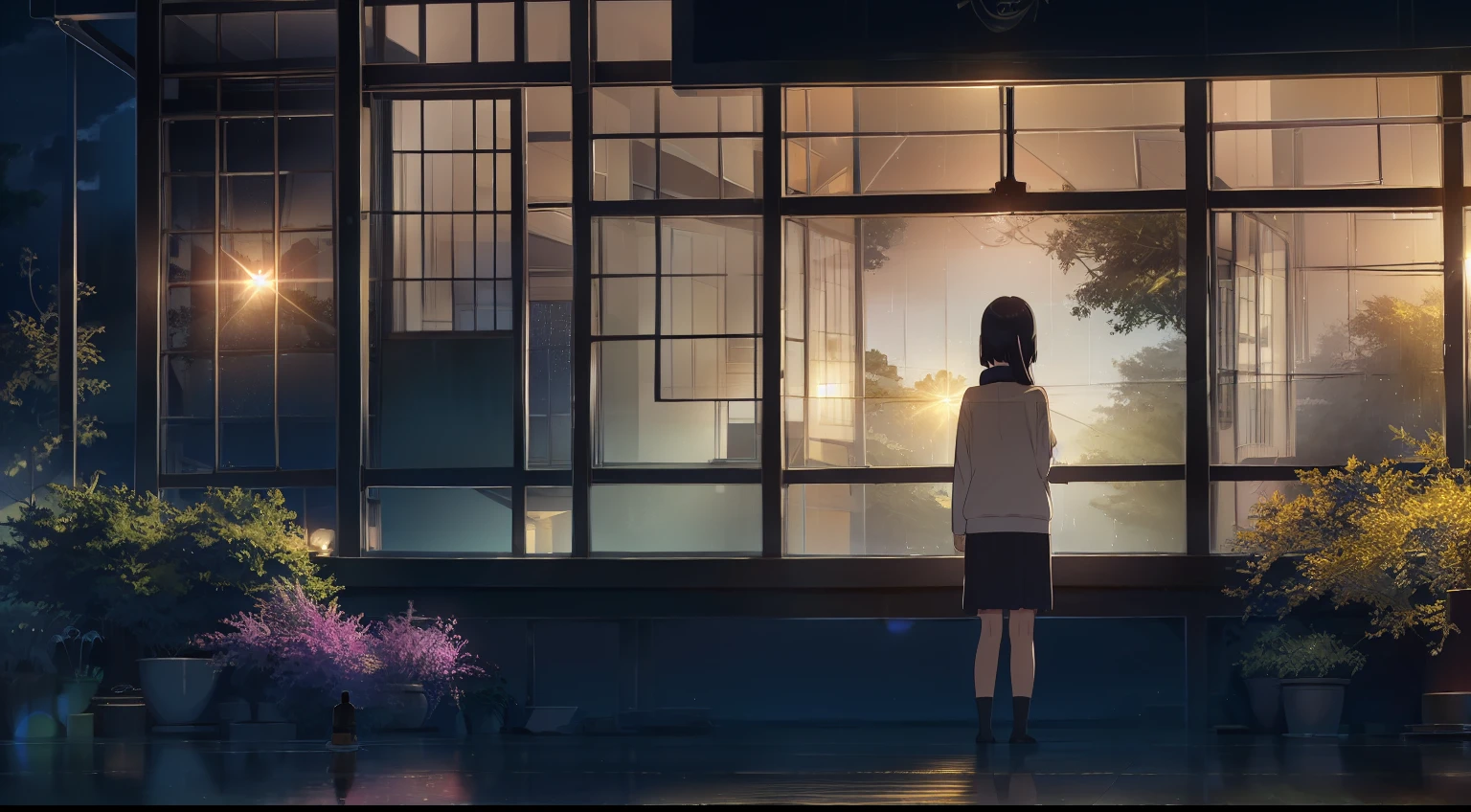 (best quality,32k,highres,masterpiece:1.2),dark, rainy night, misty, Sony a7, film grain, cinematic lighting, realistic, single-point perspective, water droplets clinging to the window, colorful shimmering particles, lens flare. In a dimly lit rainy night, a young woman stands alone by the window, gazing at the raindrops outside. Her face carries a sense of sadness, with eyes filled with endless sorrow and despair. The view outside the window is blurry, mirroring her inner emotions, with her back turned towards the scene.