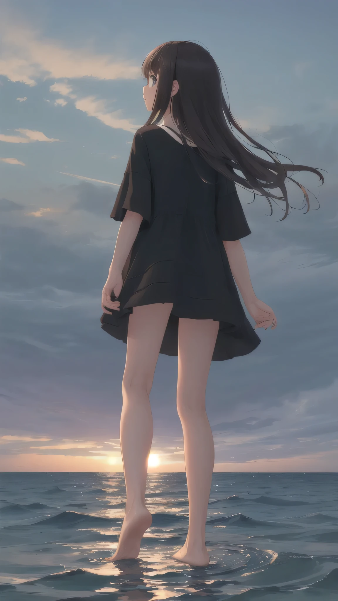 ((masterpiece, highest quality)), At night, thin clothes, girl, Put one foot in the sea with just the toe, girl standing, girl sideways, girl between the horizon and the sea, view from the side, Ripples spreading from the toes, The site is approximately 20 meters away, on the sea, At night, the whole scene shines, There is a meteor shower