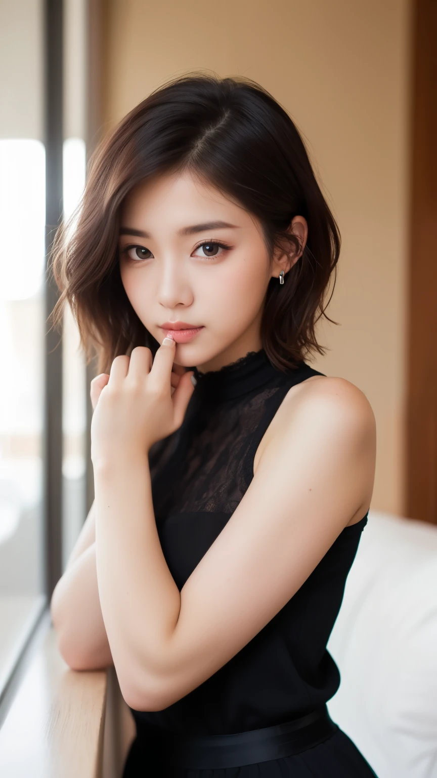 ulzzang-6500-v1.1, (Raw photo:1.2), (Photoreal), (See-through:1.3), (genuine:1.4), (muste piece:1.3), beautiful women, Female college student, masterpiece, 90's vibe, Classic Look, highest quality, super detailed, photo-realistic, shining eyes, detailed face, clavicle, beautiful eyes, black eye, detailed eyeshadow, black hair, lip gloss, pink lip, Makeup, (Charm:1.5), sharp focus, clear eyes, hunter's eyes, eyelash, full body, (wavy hair:1.1),(short hair:1.3), black dress,(beautiful:1.5)