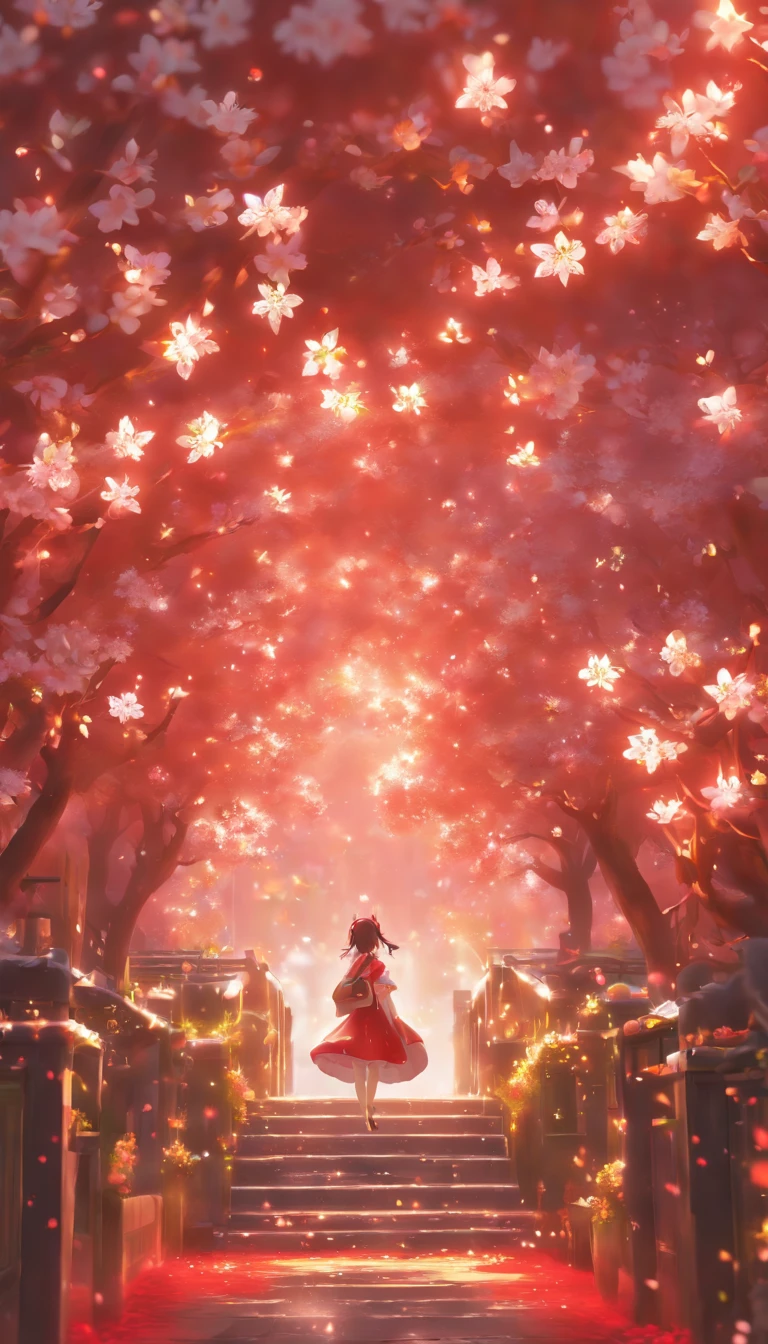 (highest quality, 32K resolution, High resolution, Super detailed, realistic,Finely drawn details), Unreal 5 Engine, tokyo illumination, Romantic motifs, Rosa making portal, majestic background, Flower Environment, beautiful scenery, flower bed on the floor, Wallpaper aesthetics, E-commerce live room background,ultra-realistic rendering, exquisite composition, Breathtaking wallpapers, stunning visuals, 風景Wallpaper aesthetics, red background, Red reflection, C4D rendering, top quality, Raw photo"Pure white cherry blossoms,pure white background
