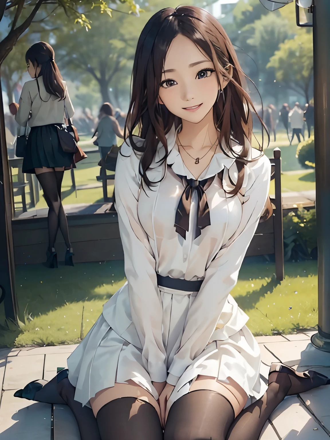 ((Biologically correct number of limbs))、(( Full body photo including face))、4K、((standing position))、masterpiece、((focus on the face))、((Symmetrical facial features))、Eyes with detailed description、Beautiful woman、outstanding style、beautiful arms、beautiful legs、beautiful hands、(small ass、thin thighs)、Detailed depiction of faces、small earrings、necklace、(Ruffled uniforms、skirt、high heels、stockings)、smile、The background is the park in the morning、sideways glance、expression of surprise、hair ornaments、