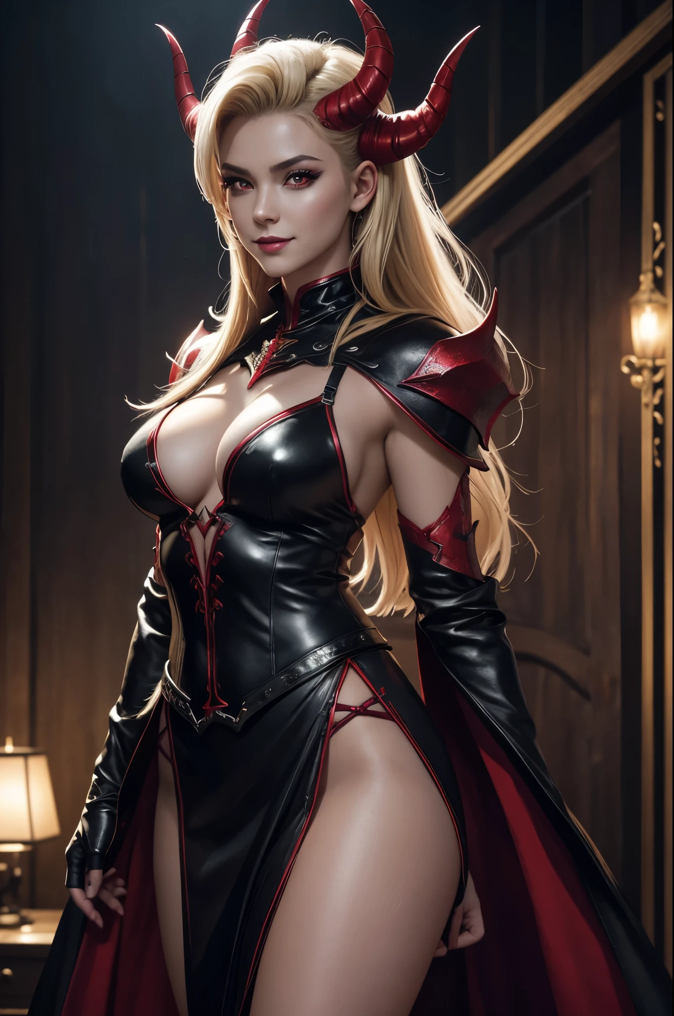 8K,Demon Slayer, the female demon,Super beautiful(like the real thing),Sexy black and red outfit,black tight skirt,devil&#39;s horns,red eyes,masterpiece,Photorealistic RAW photos of the highest quality。bright colors,rich colors, Backlight, cinematic lighting, film grain, to be born, 50MM lens, Nikon D850,fantasy art,character art,ultra high resolution,super realistic skin,beautiful expression,Dark mountain range,Devil makeup,blonde mohawk hair,smile,